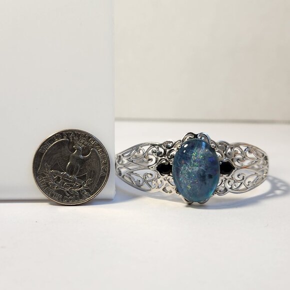 VTG Natural Opal & Onyx Platinum Clad Open Cuff Filigree Ornate Bracelet - Picture 13 of 15